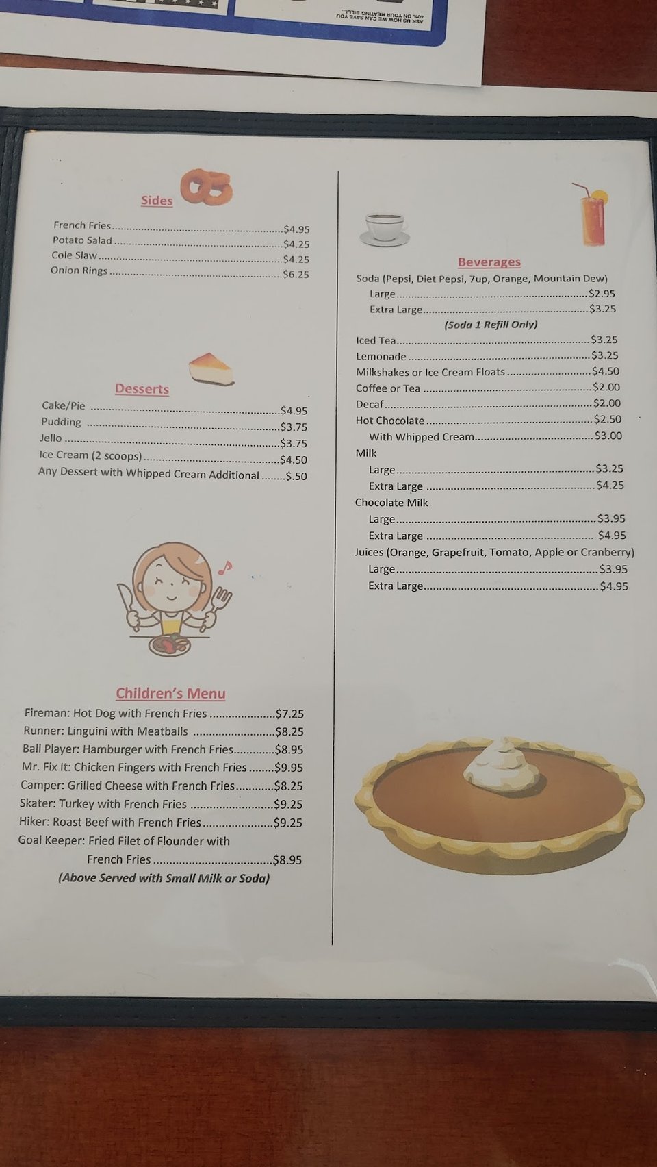 Diner menu featuring sandwiches, salads, and sides.
